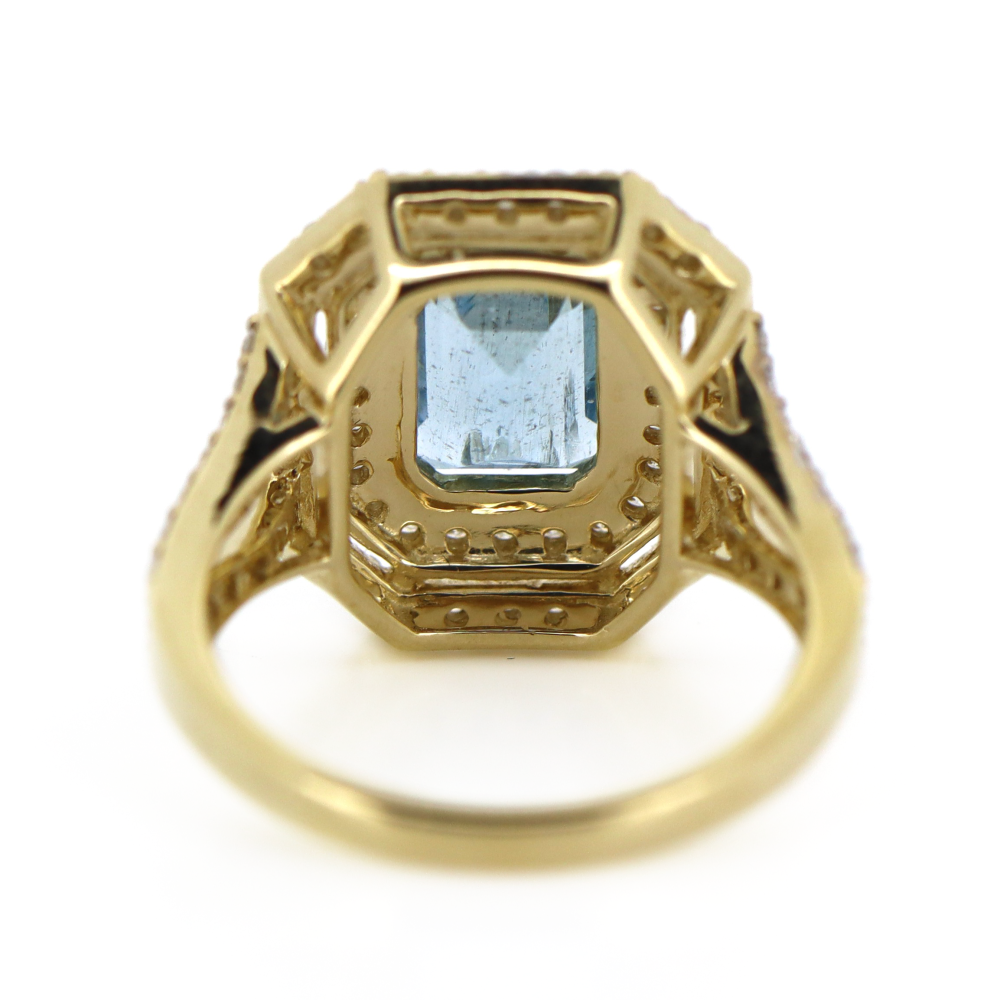 Yellow Gold Aquamarine and Diamond Double Halo Ring
