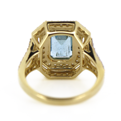 Yellow Gold Aquamarine and Diamond Double Halo Ring