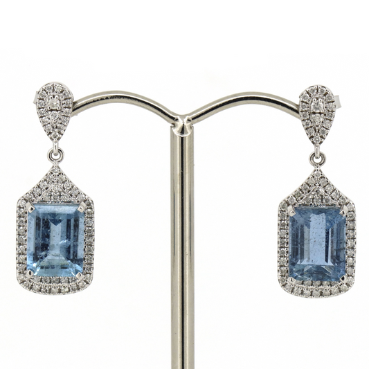 5.33ct TSW White Gold Aquamarine and Diamond Drop Earrings