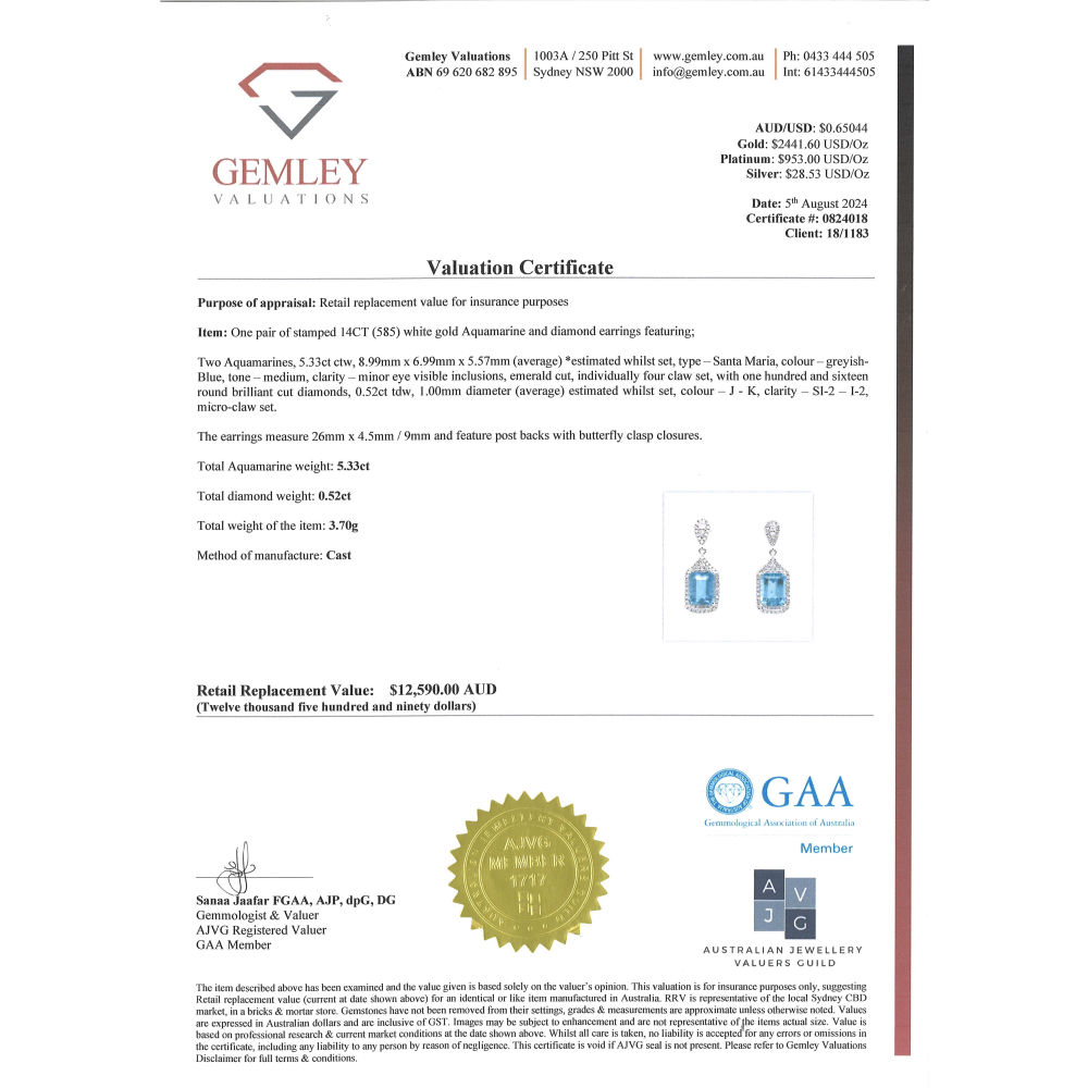 5.33ct TSW White Gold Aquamarine and Diamond Drop Earrings