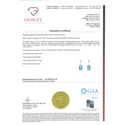 5.33ct TSW White Gold Aquamarine and Diamond Drop Earrings