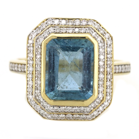 3.27ct Yellow Gold Santa Maria Aquamarine and Diamond Double Halo Ring