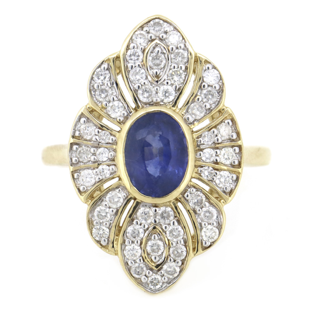 Yellow Gold Blue Ceylon Sapphire & Diamond Antique Style Statement Ring