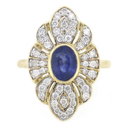 Yellow Gold Blue Ceylon Sapphire & Diamond Antique Style Statement Ring