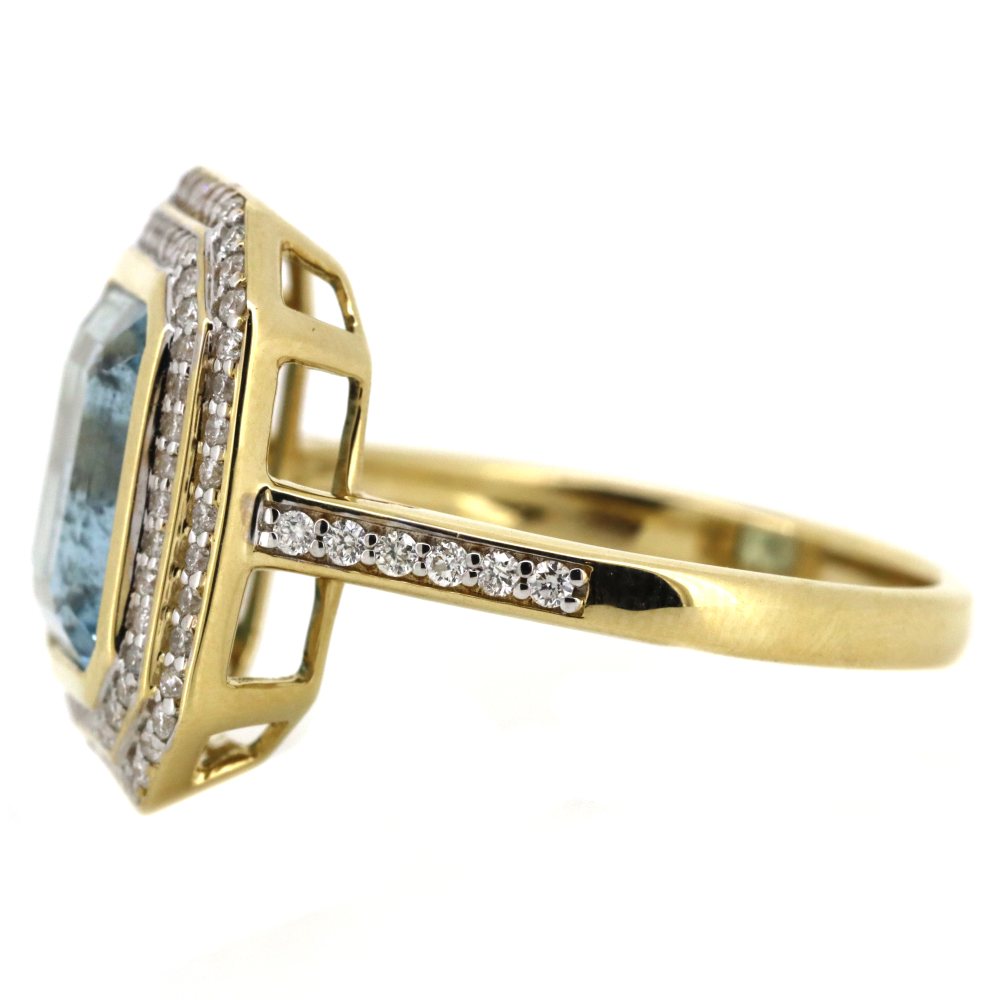 3.27ct Yellow Gold Santa Maria Aquamarine and Diamond Double Halo Ring