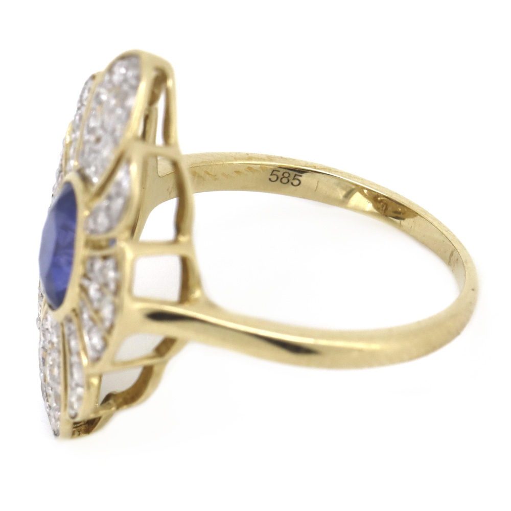 Yellow Gold Blue Ceylon Sapphire & Diamond Antique Style Statement Ring