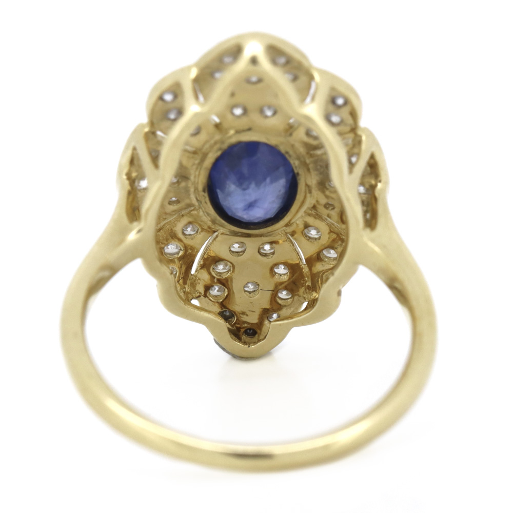 Yellow Gold Blue Ceylon Sapphire & Diamond Antique Style Statement Ring