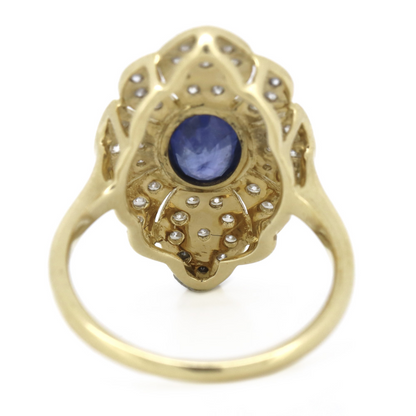 Yellow Gold Blue Ceylon Sapphire & Diamond Antique Style Statement Ring