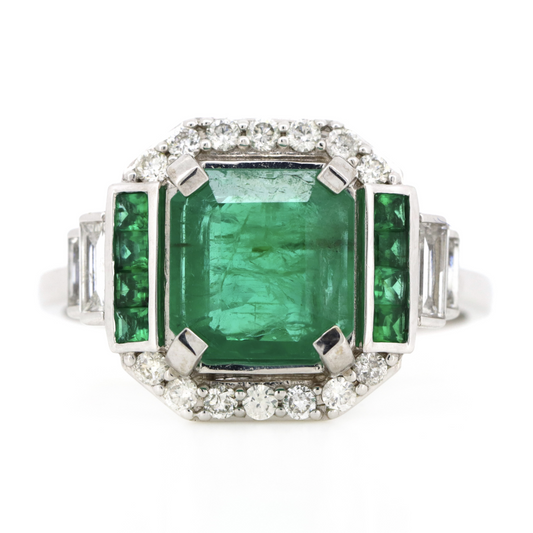 2.30ct White Gold Emerald and Diamond Art Deco Ring
