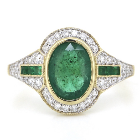 1.91ct Yellow Gold Emerald and Diamond Art Deco Inspired Halo Ring