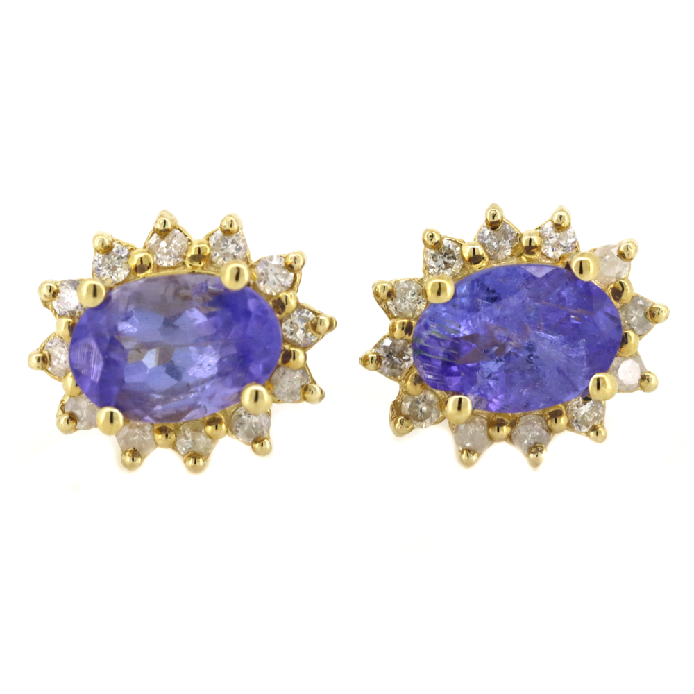 Yellow Gold Tanzanite and Diamond Antique Inspired Stud Earrings