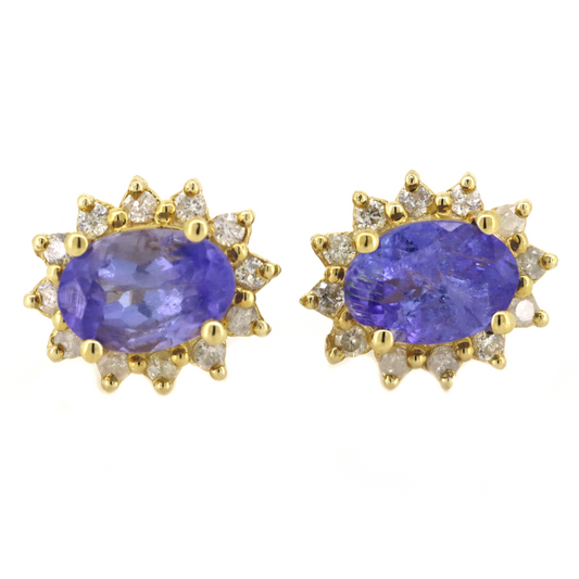Yellow Gold Tanzanite and Diamond Antique Inspired Stud Earrings