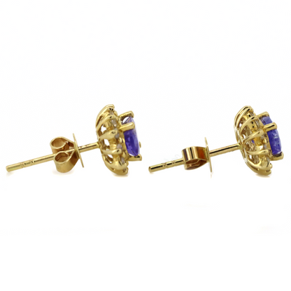 Yellow Gold Tanzanite and Diamond Antique Inspired Stud Earrings
