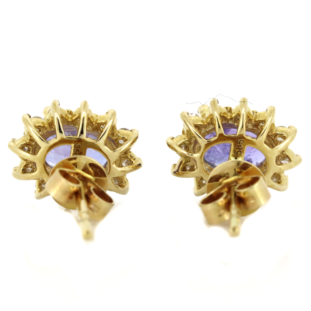 Yellow Gold Tanzanite and Diamond Antique Inspired Stud Earrings