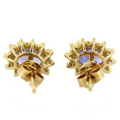 Yellow Gold Tanzanite and Diamond Antique Inspired Stud Earrings