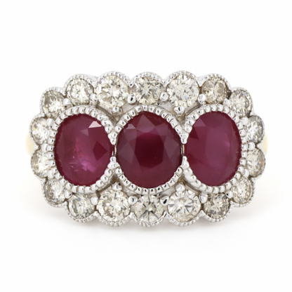 Yellow Gold Ruby and Diamond Decorative Halo Trilogy Ring
