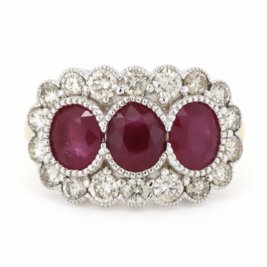 Yellow Gold Ruby and Diamond Decorative Halo Trilogy Ring