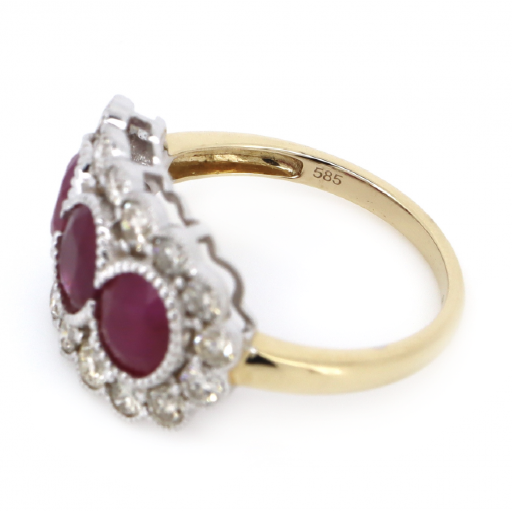 Yellow Gold Ruby and Diamond Decorative Halo Trilogy Ring