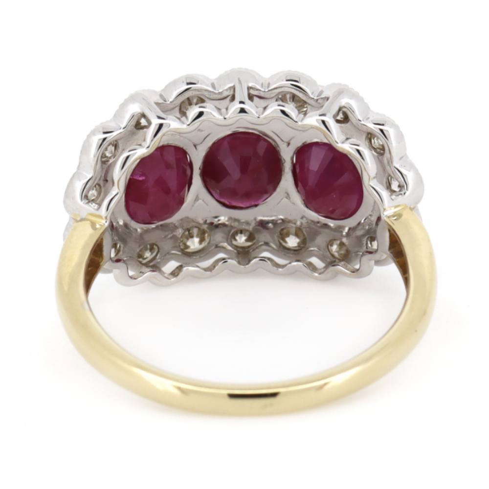 Yellow Gold Ruby and Diamond Decorative Halo Trilogy Ring