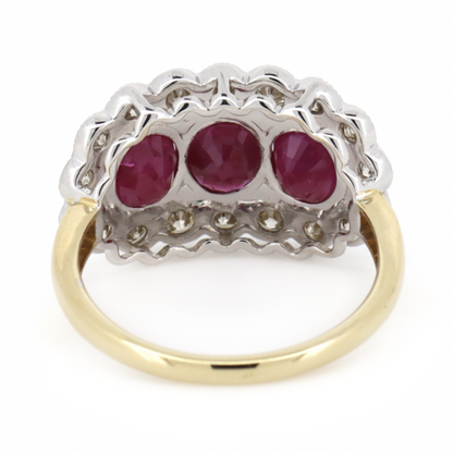 Yellow Gold Ruby and Diamond Decorative Halo Trilogy Ring