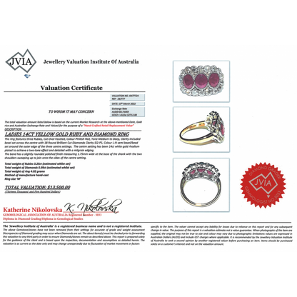 Yellow Gold Ruby and Diamond Decorative Halo Trilogy Ring