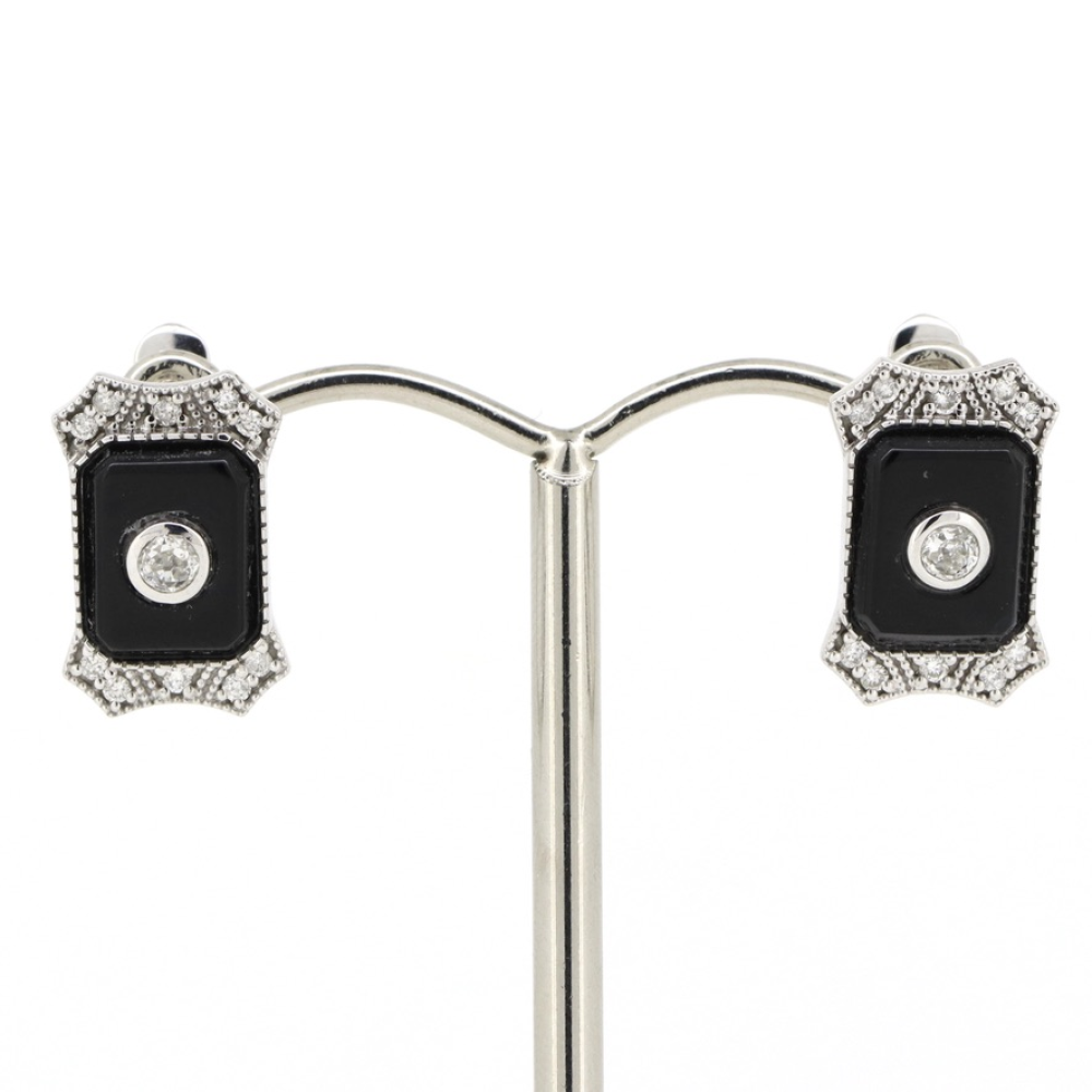 White Gold, Onyx and Diamond Art Deco Inspired Earrings