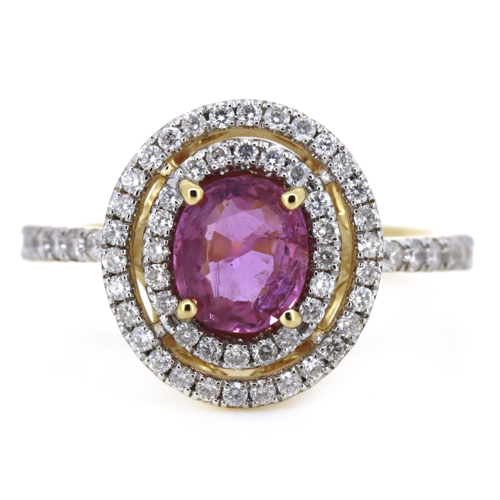 Yellow Gold, Pink Sapphire and Diamond Double Halo Ring