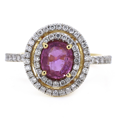 Yellow Gold, Pink Sapphire and Diamond Double Halo Ring