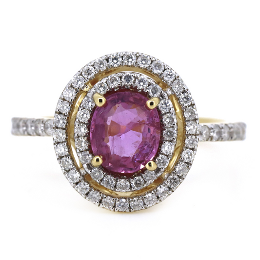 Yellow Gold, Pink Sapphire and Diamond Double Halo Ring