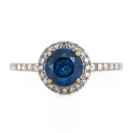 1.05ct Yellow Gold Blue Diamond and Diamond Halo Ring