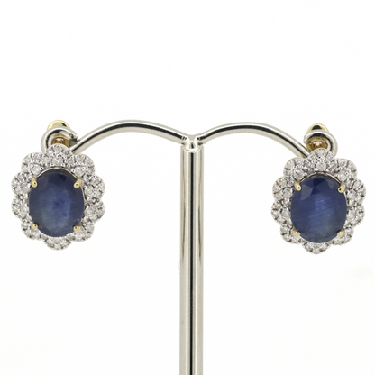 Yellow/White Gold Blue Sapphire & Diamond Halo Earrings
