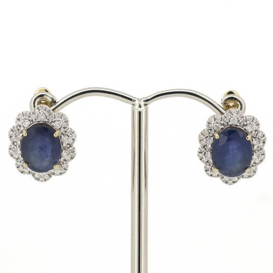 Yellow/White Gold Blue Sapphire & Diamond Halo Earrings