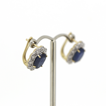 Yellow/White Gold Blue Sapphire & Diamond Halo Earrings