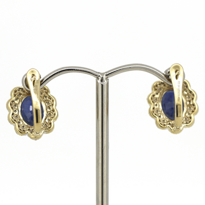 Yellow/White Gold Blue Sapphire & Diamond Halo Earrings
