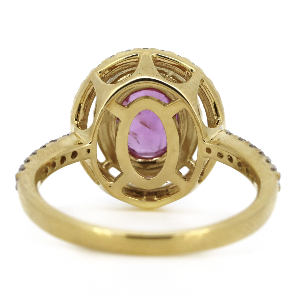 Yellow Gold, Pink Sapphire and Diamond Double Halo Ring