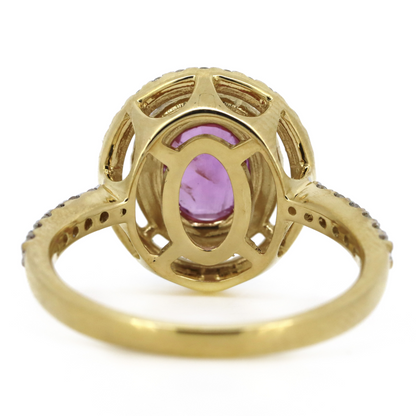 Yellow Gold, Pink Sapphire and Diamond Double Halo Ring