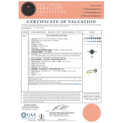 1.05ct Yellow Gold Blue Diamond and Diamond Halo Ring