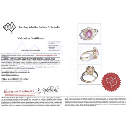 Yellow Gold, Pink Sapphire and Diamond Double Halo Ring