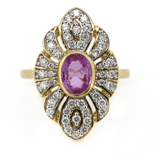 Yellow Gold, Pink Sapphire and Diamond Antique Style Ring