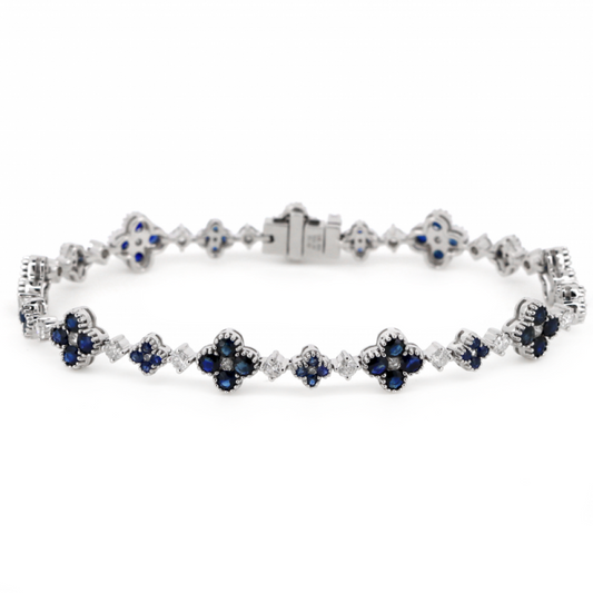 White Gold Blue Sapphire & Diamond Floral Bracelet