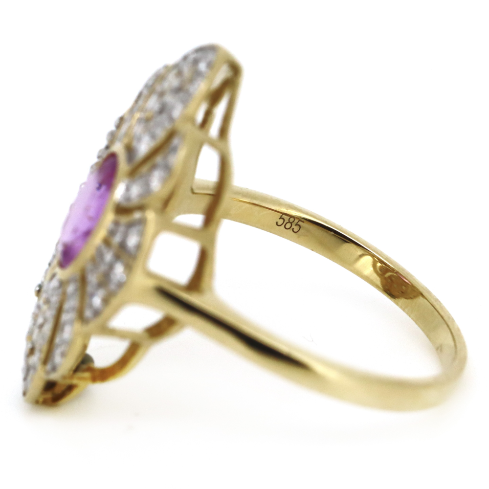 Yellow Gold, Pink Sapphire and Diamond Antique Style Ring