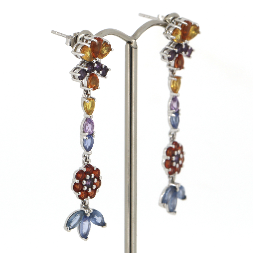 White Gold Multi-Coloured Sapphire Drop Earrings