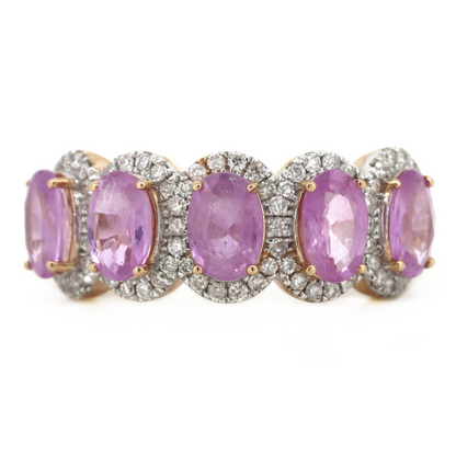 Rose Gold, Pink Sapphire and Diamond Halo Eternity Ring