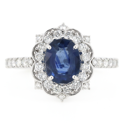 White Gold Blue Ceylon Sapphire & Diamond Halo Dress Ring
