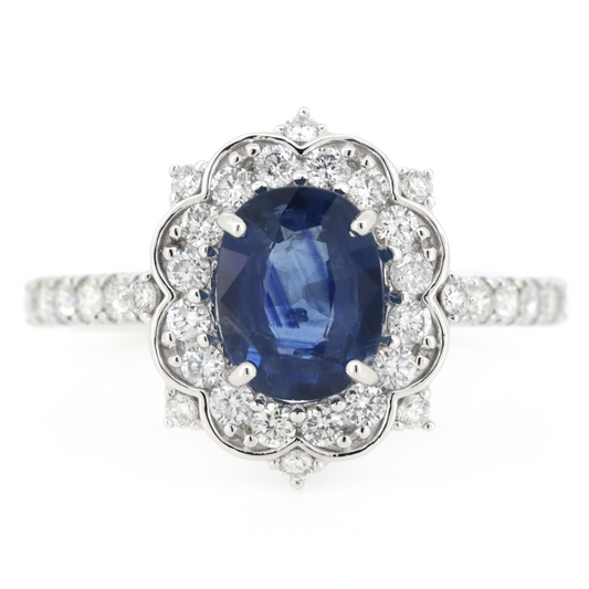 White Gold Blue Ceylon Sapphire & Diamond Halo Dress Ring