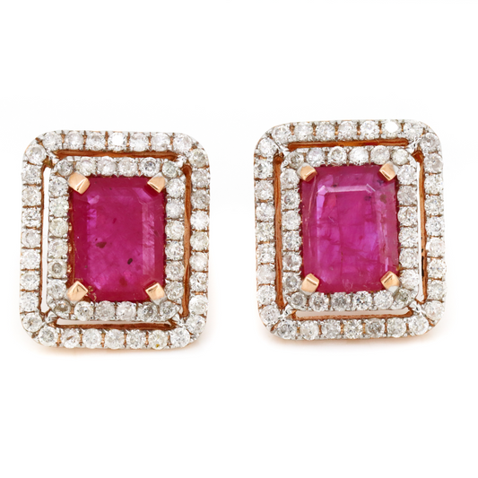 Rose Gold Ruby and Diamond Double Halo Stud Earrings