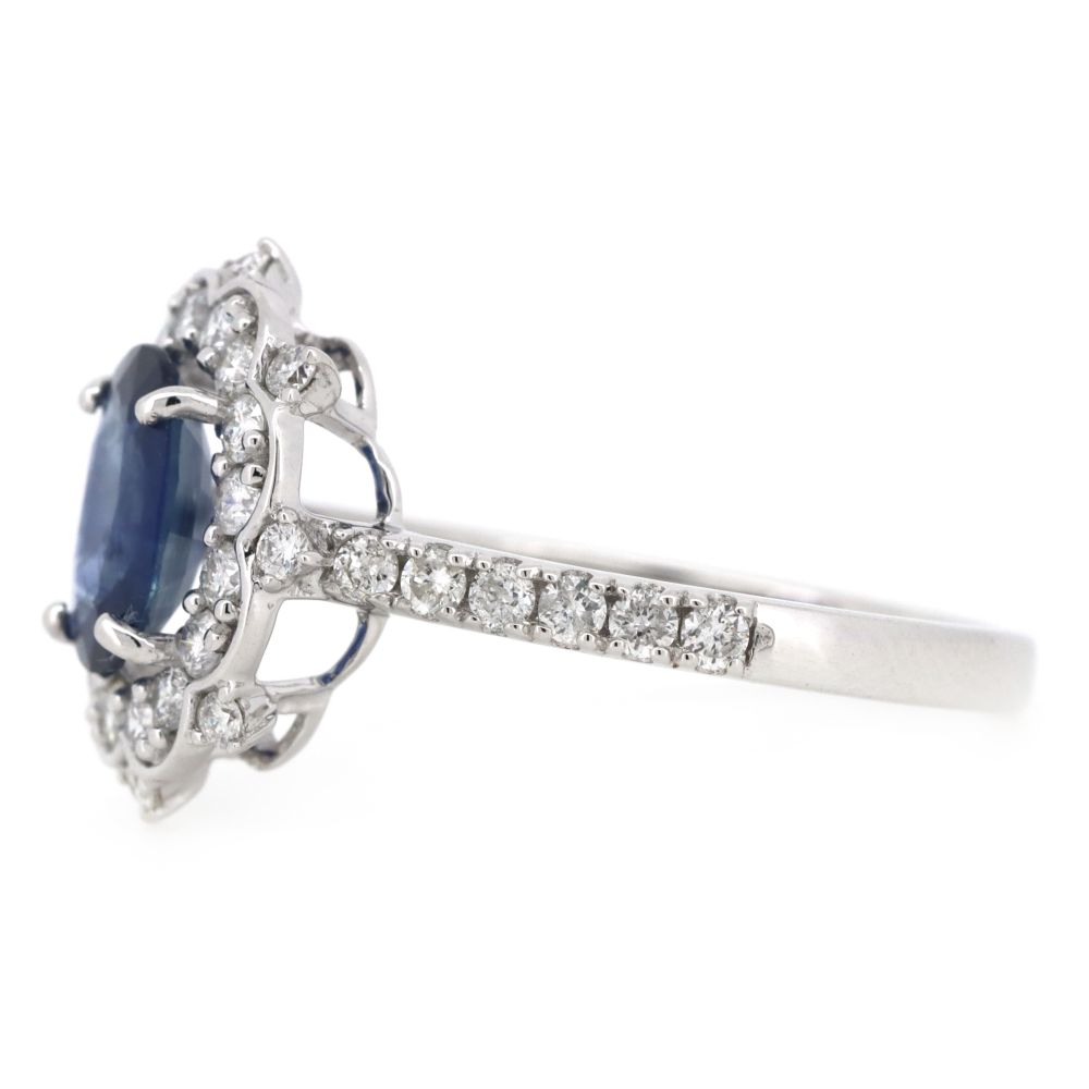 White Gold Blue Ceylon Sapphire & Diamond Halo Dress Ring
