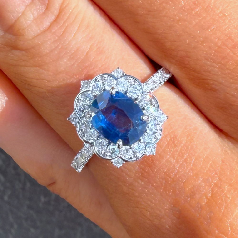 White Gold Blue Ceylon Sapphire & Diamond Halo Dress Ring