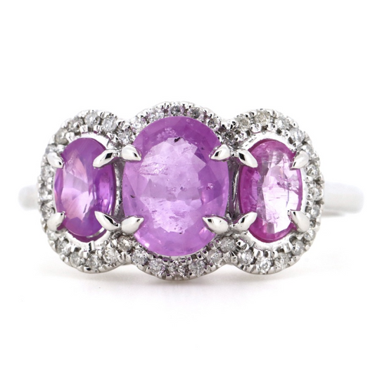 White Gold, Sapphire and Diamond Halo Trilogy Ring
