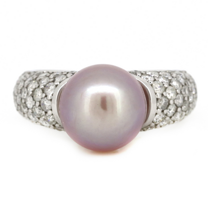White Gold Pink Cultured South Sea Pearl and Diamond Statement Ring